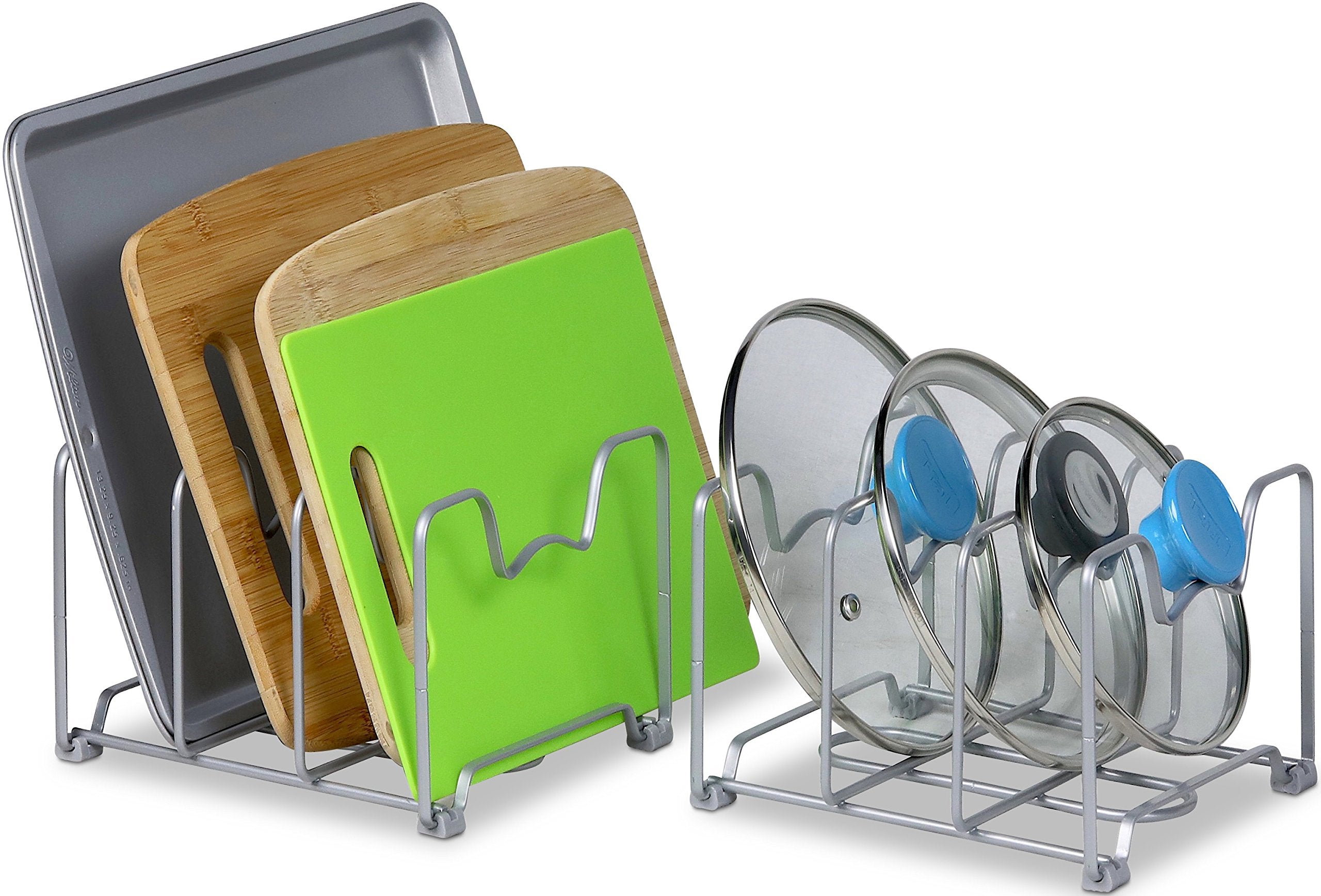 Simple Houseware bakeware organizer rack keeps cookie sheets accessible and stackable.