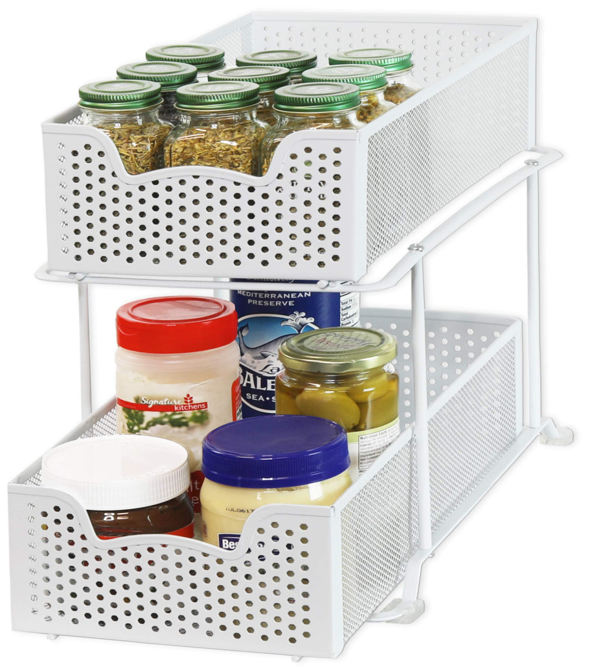 Simple Houseware 2-tier basket organizer closeup for easy access in tight spaces
