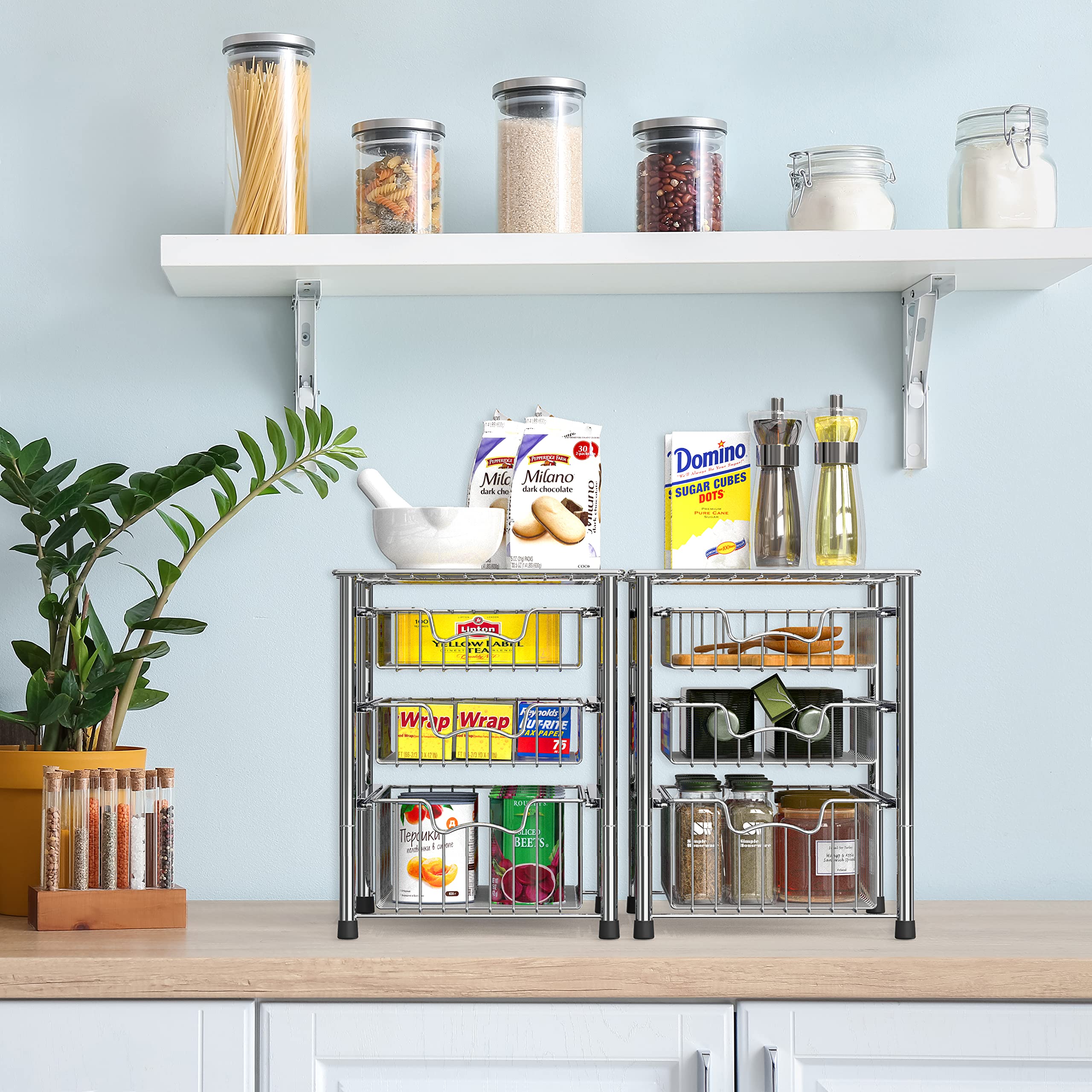 Simple Houseware chrome organizer with drawer open emphasizes tool-free setup