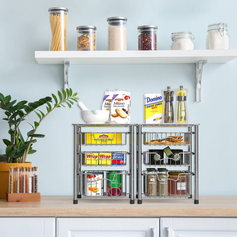 Simple Houseware chrome organizer with drawer open emphasizes tool-free setup