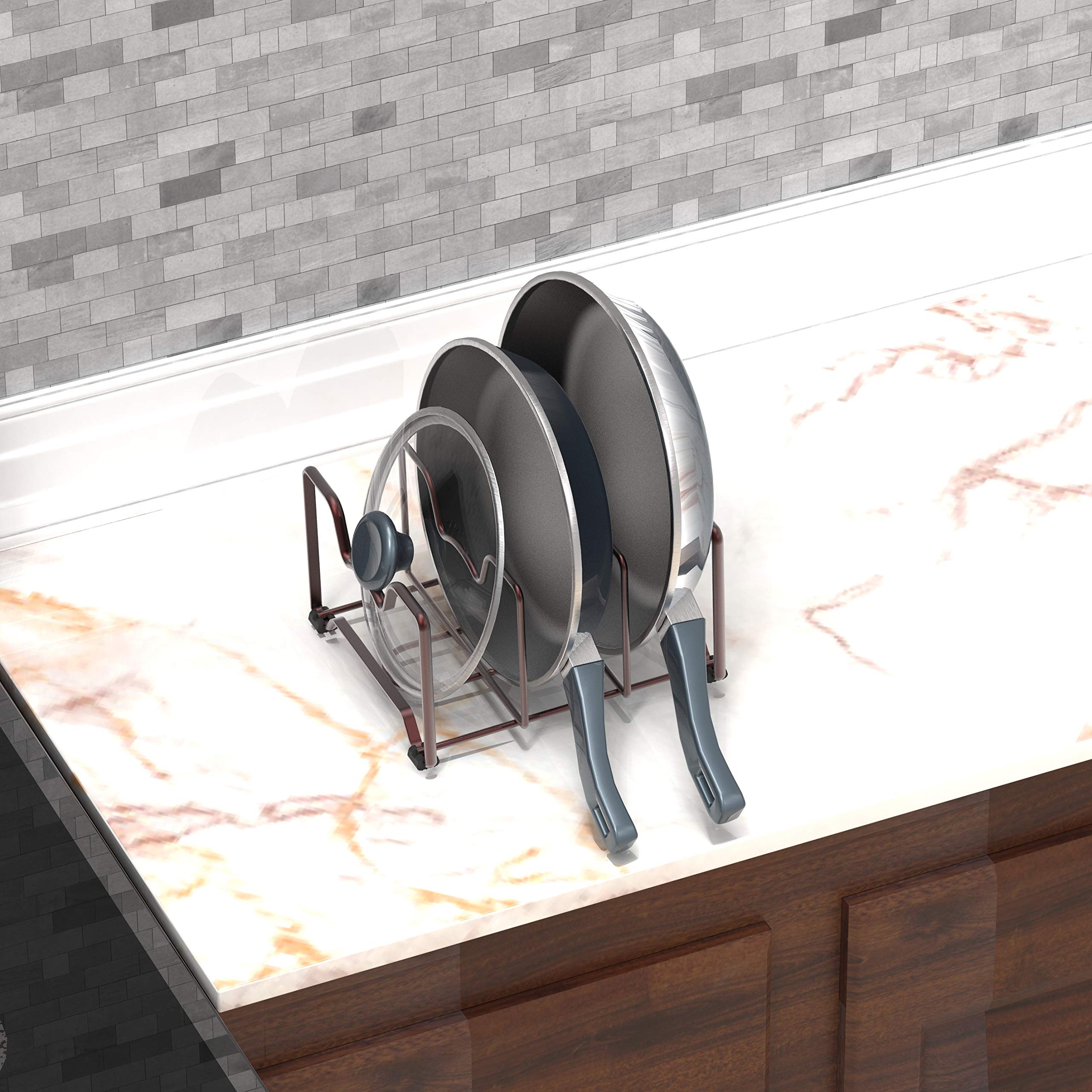 Simple Houseware Bronze 2-Pack bakeware organizer in cabinet keeps pans accessible.