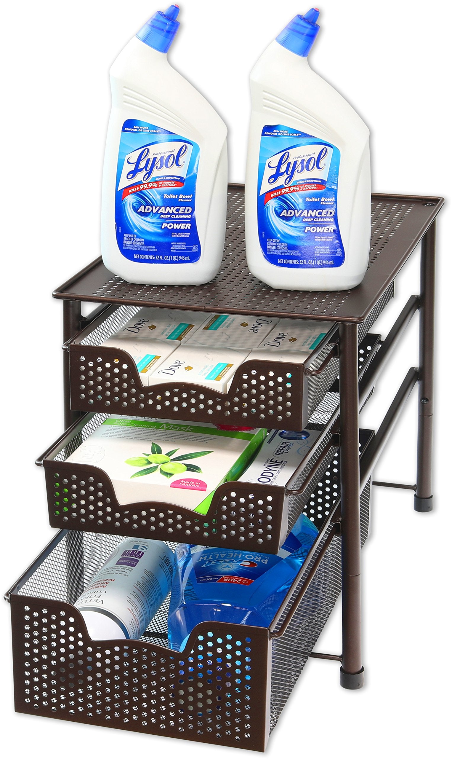 Simple Houseware bronze storage basket for kitchen and bathroom organization.