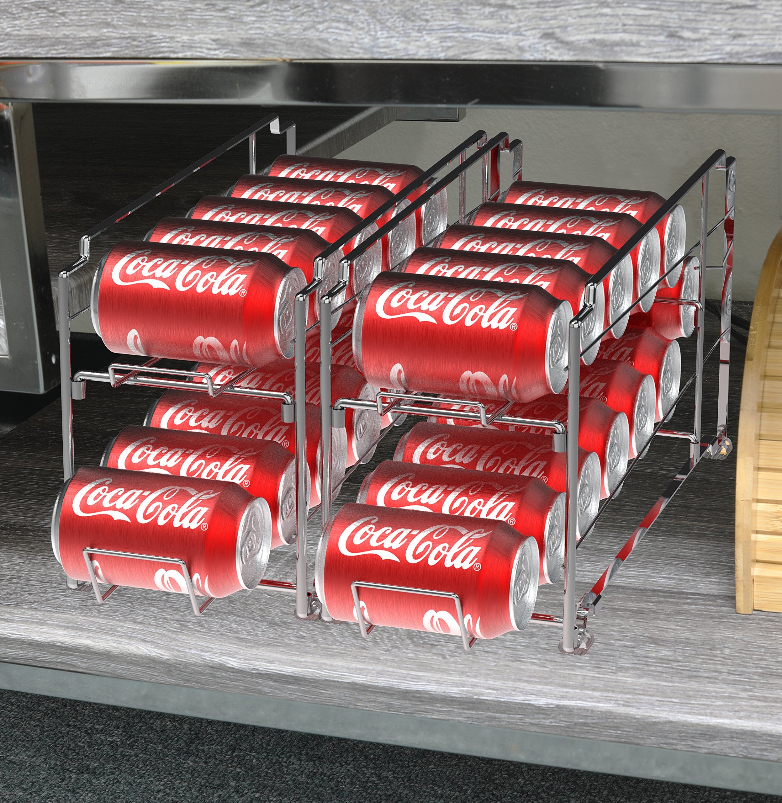 Simple Houseware chrome can dispenser rack in fridge storage for efficient cooling