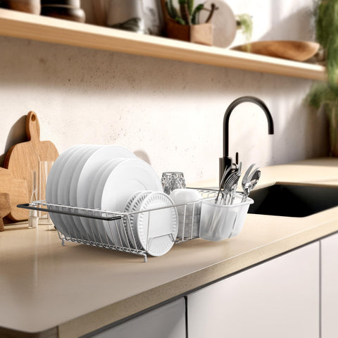 Simple Houseware countertop dish dryer keeps countertops tidy after washing.