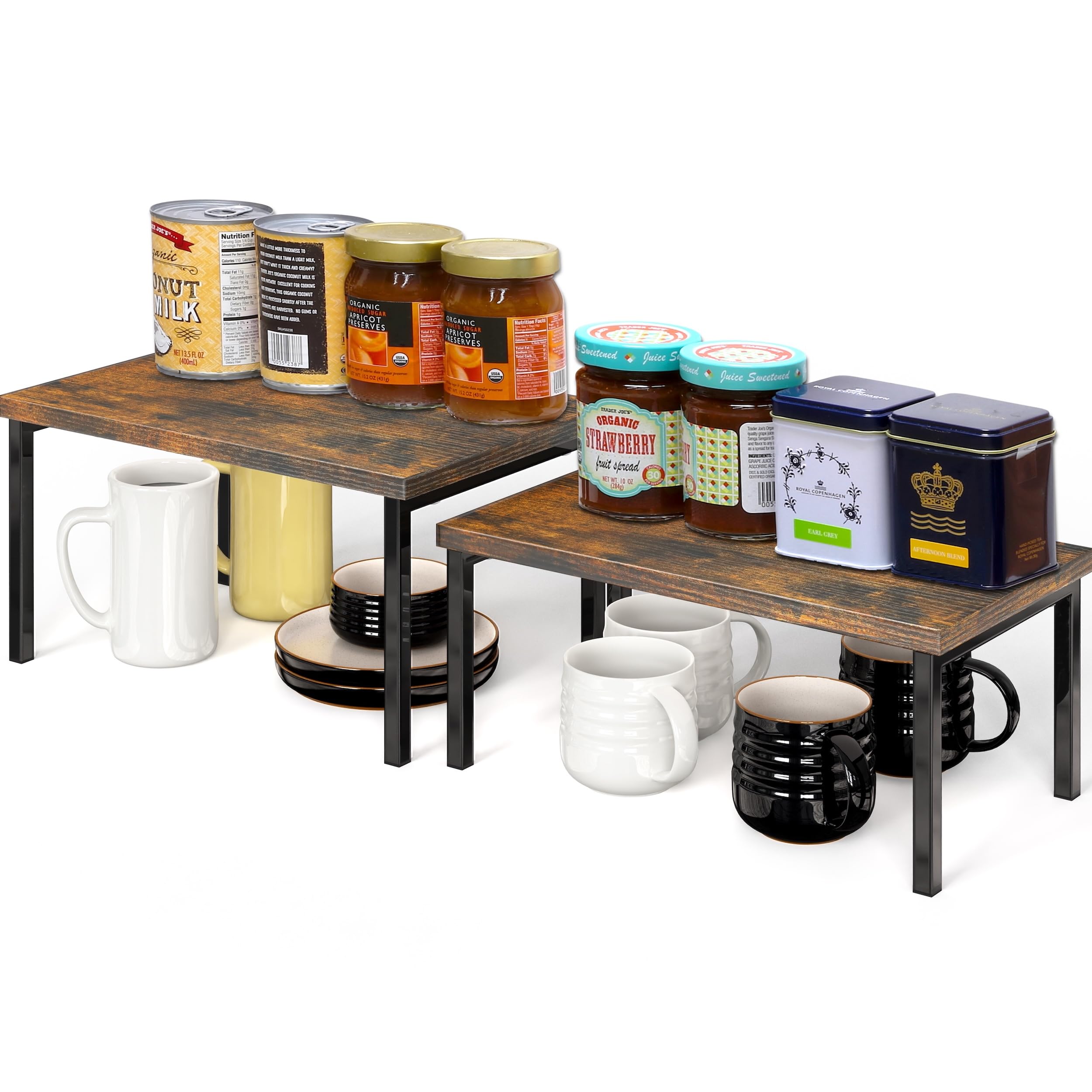 Simple Houseware countertop storage keeps mugs, cups, and cans within easy reach.