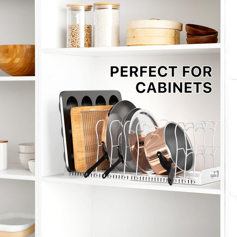 Simple Houseware durable-base organizer emphasizes stability for heavy cookware like cast iron.