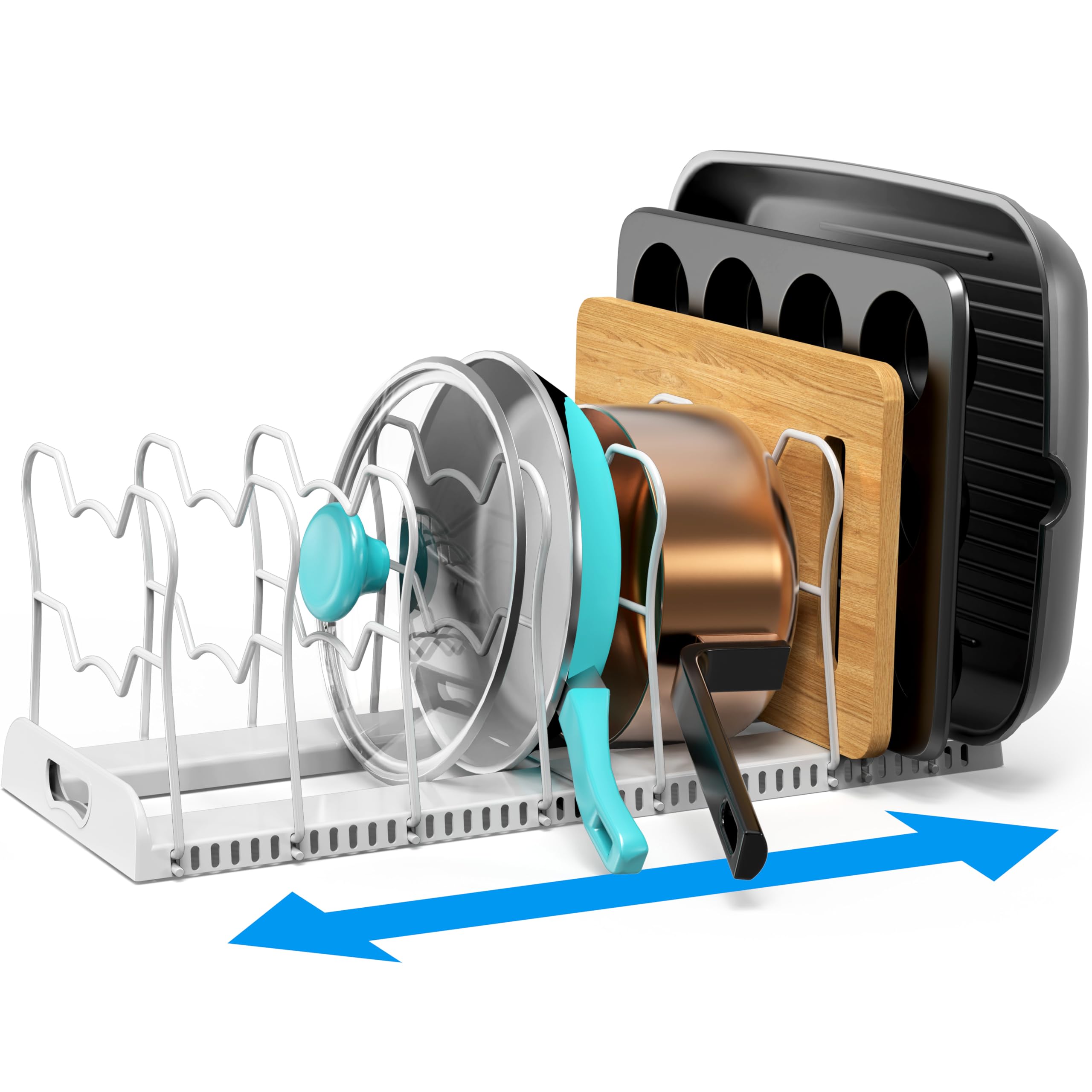 Simple Houseware expandable pan organizer rack assembled, space-saving solution for pots and lids.
