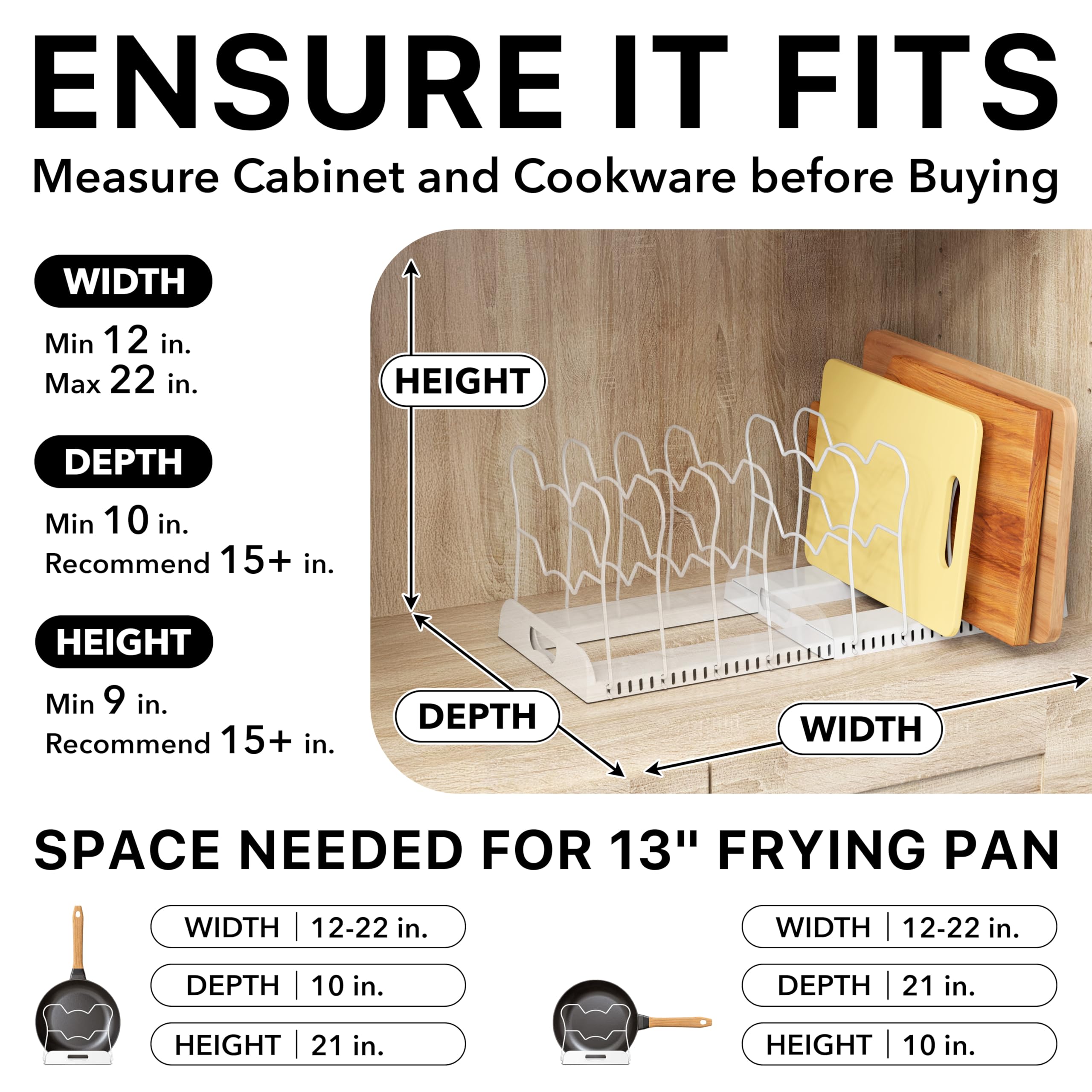 Simple Houseware expandable pan organizer rack width extended shows versatile space for wider cookware.