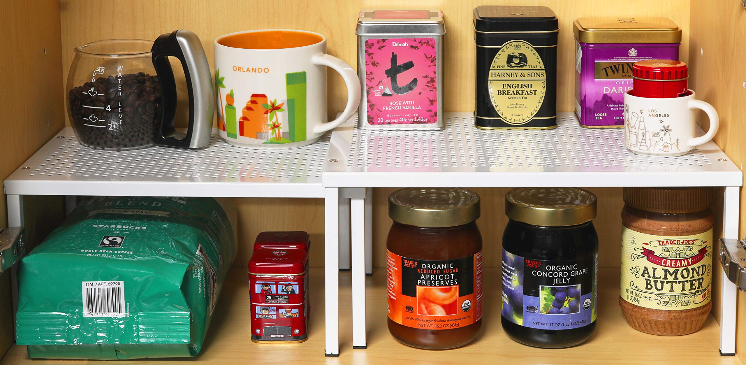 Simple Houseware expandable shelf stacked setup shows dual levels keeping bottles tidy.