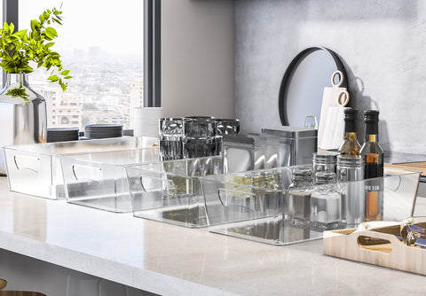 See-through Simple Houseware bins aiding spill cleanup and tidy fridge organization