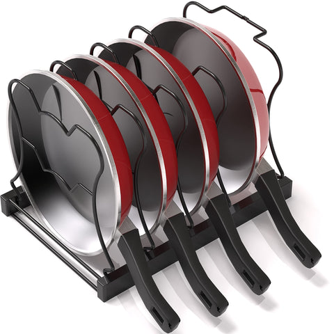 Height adjustable rack adapts to different pan sizes and cabinet heights.
