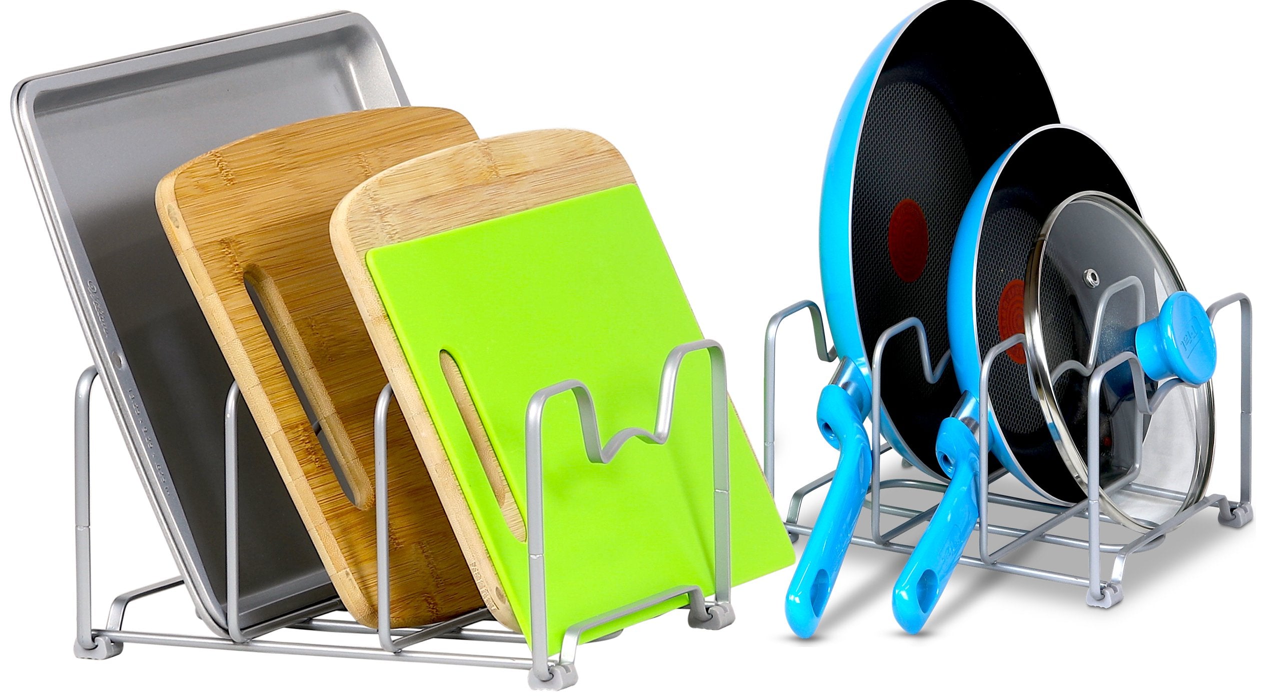 Simple Houseware 3-compartment rack organizes pot lids in the kitchen cabinet.