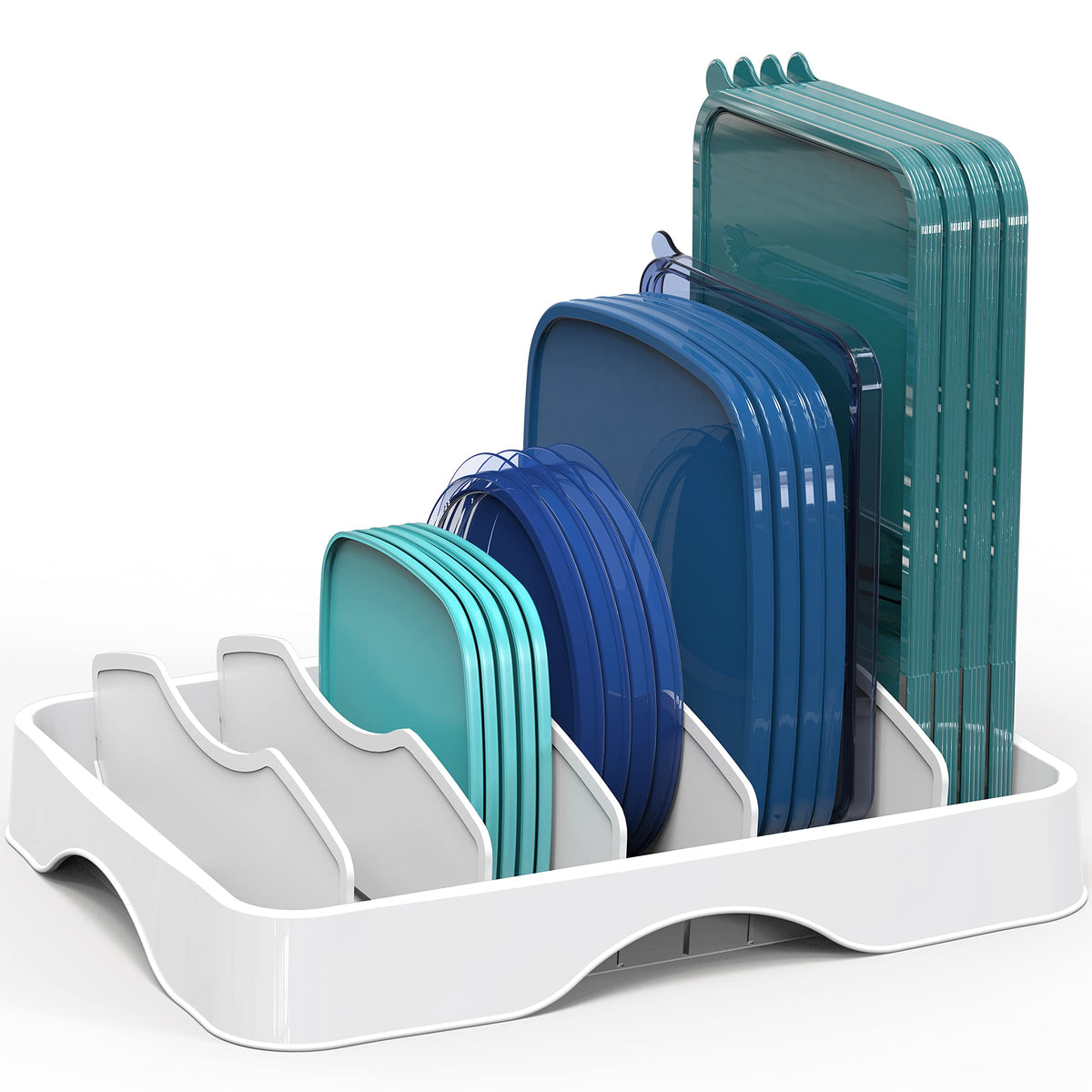 Simple Houseware lids storage organizer shows compact white base for space saving