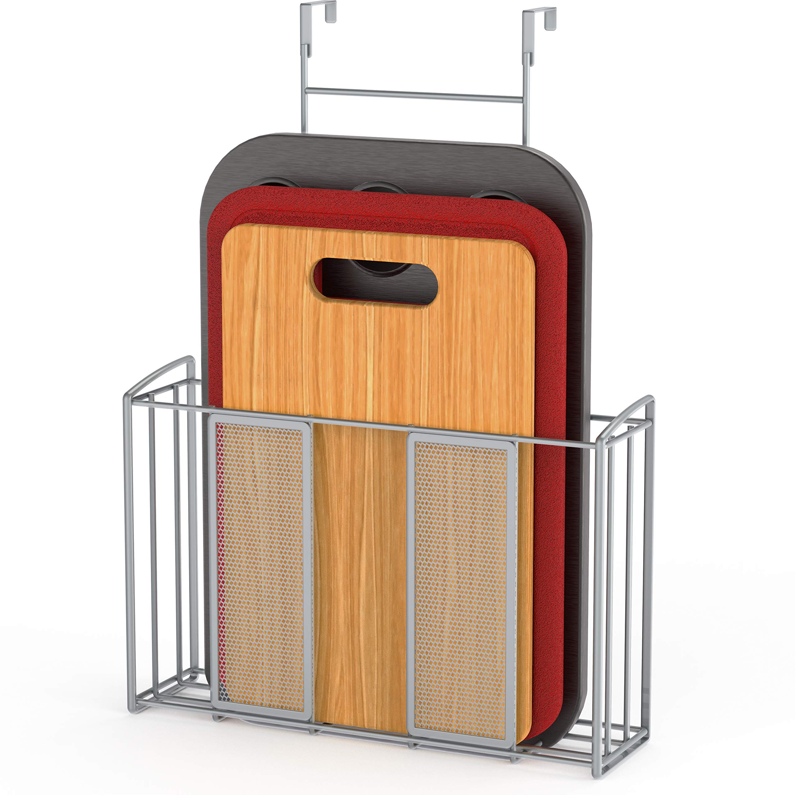Simple Houseware over cabinet door organizer in mesh silver keeps towels and small kitchen tools within easy reach