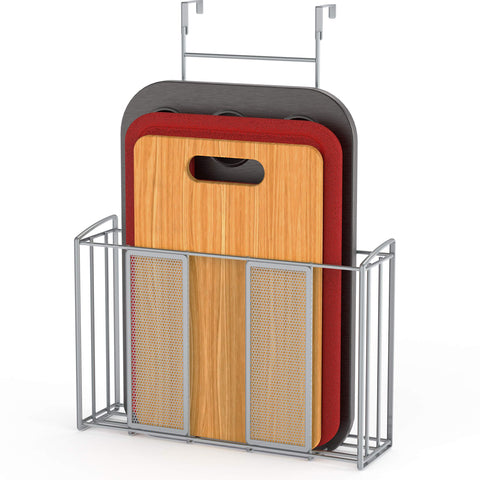 Simple Houseware over cabinet door organizer in mesh silver keeps towels and small kitchen tools within easy reach