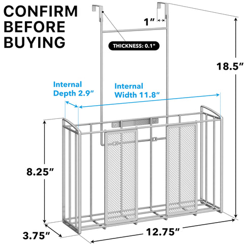 Simple Houseware mesh silver organizer hangs over a cabinet door, boosting compact storage