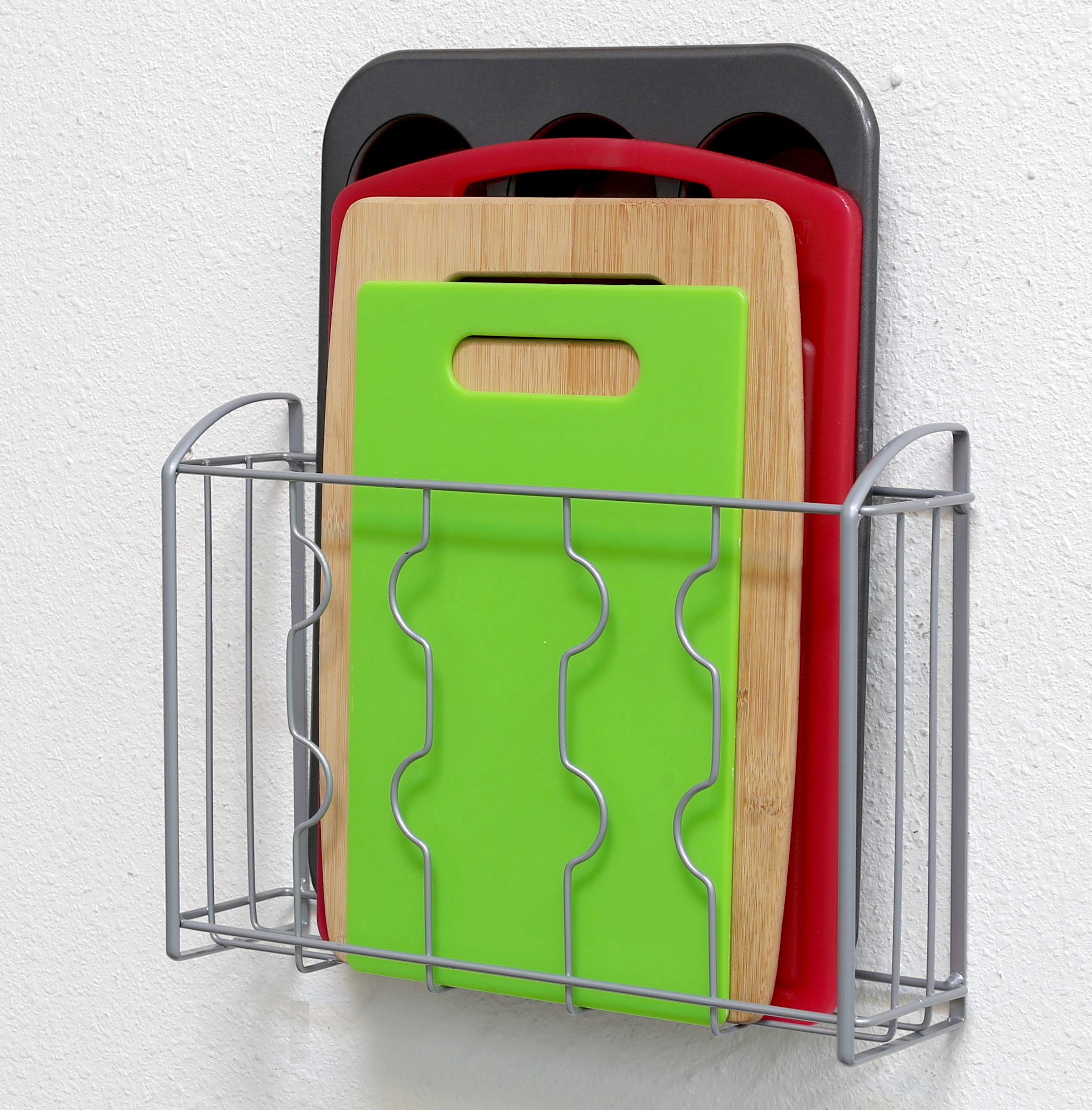 Simple Houseware silver organizer in use, demonstrates basket storage under cabinet.