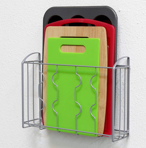 Simple Houseware silver organizer in use, demonstrates basket storage under cabinet.
