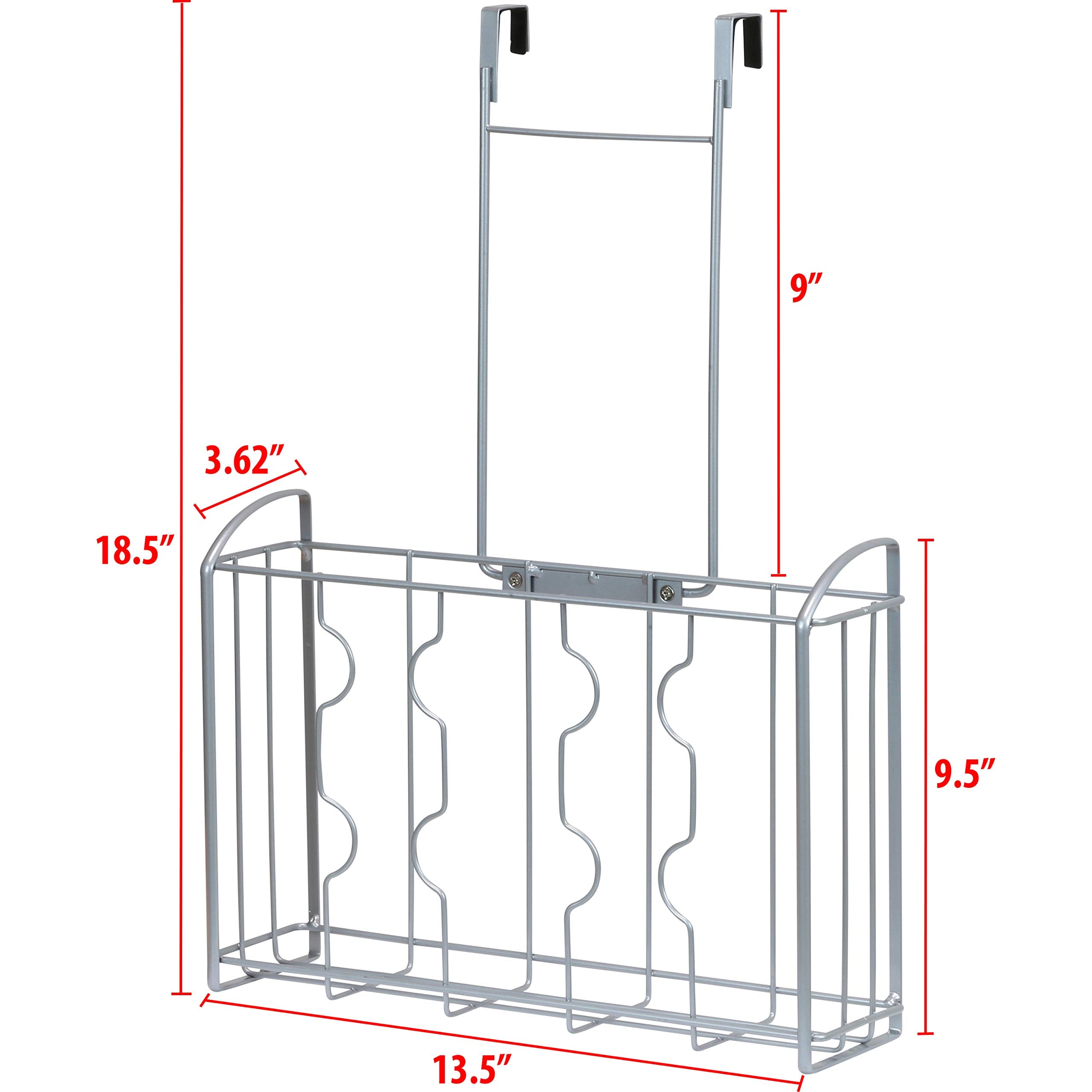 Simple Houseware silver organizer, side view, fits over a cabinet door for clutter-free shelves.