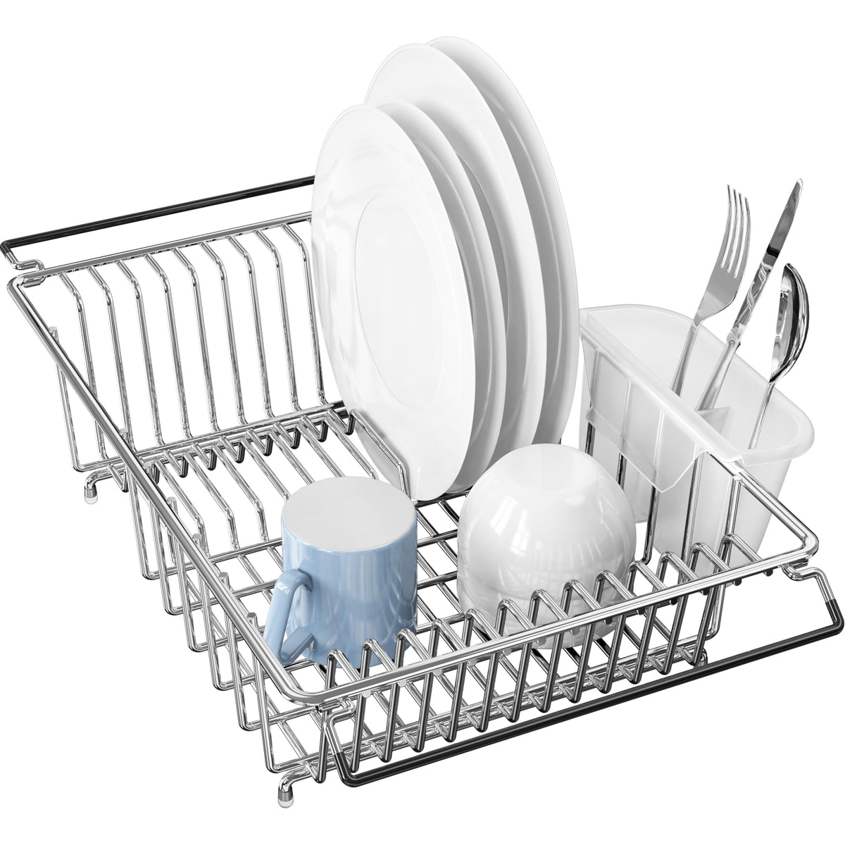 Simple Houseware over-sink dish drainer in chrome, space-saving over the sink solution.
