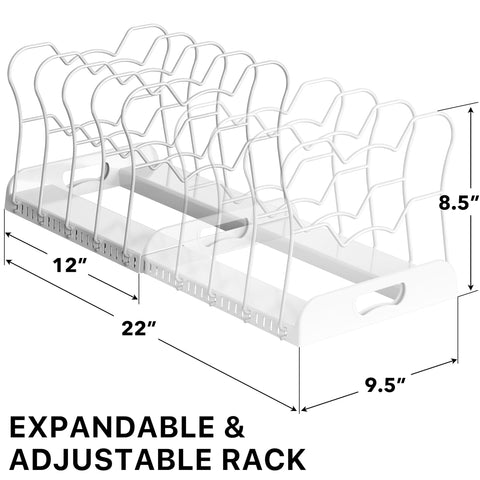 Simple Houseware pan-organizer rack adjustable dividers demonstrate flexible slots for various lid sizes.