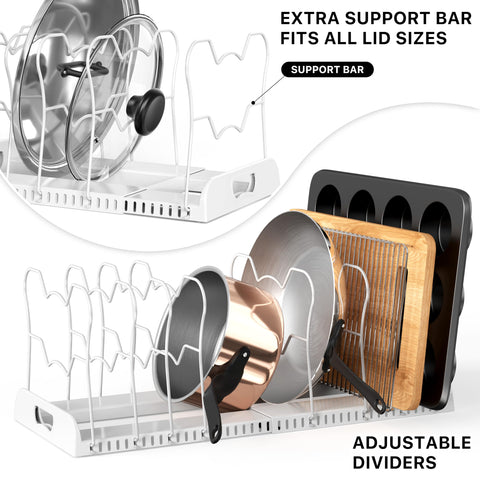 Simple Houseware pan-organizer rack in cabinet demonstrates compact organization for pots.