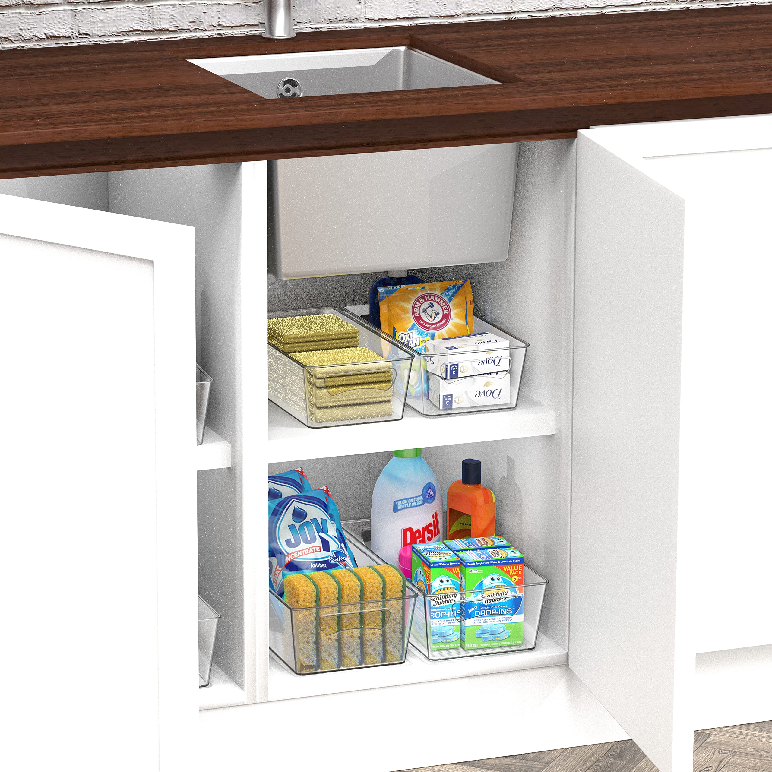Simple Houseware pantry bins stacked on shelves for efficient use of space