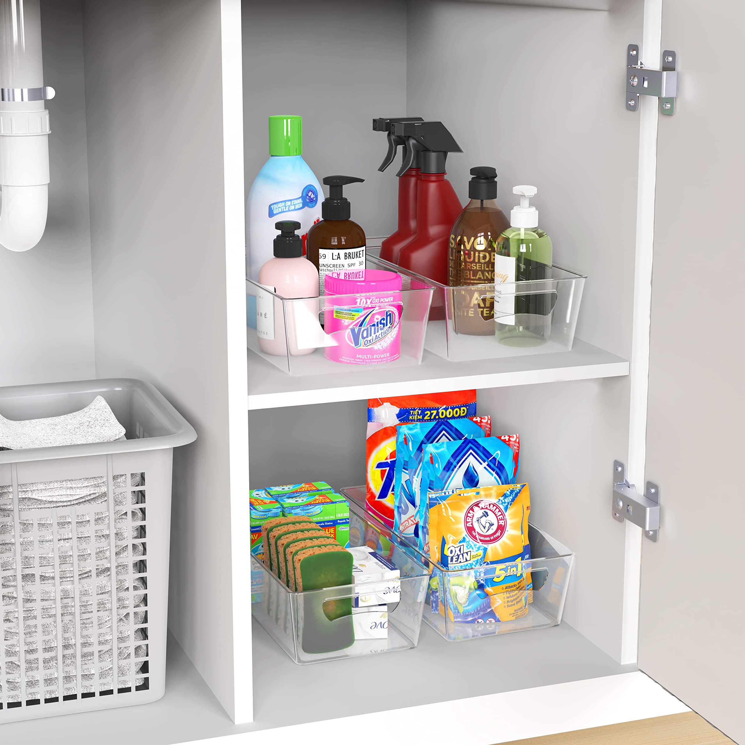 Simple Houseware bin removable for mess-free cleaning of fridge shelves.