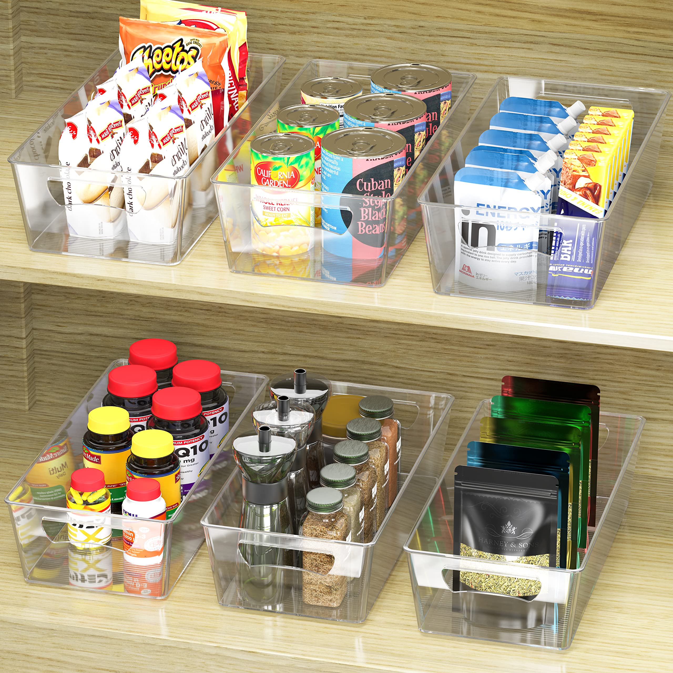 Simple Houseware clear bin with cutout handles for easy grabbing in the fridge.