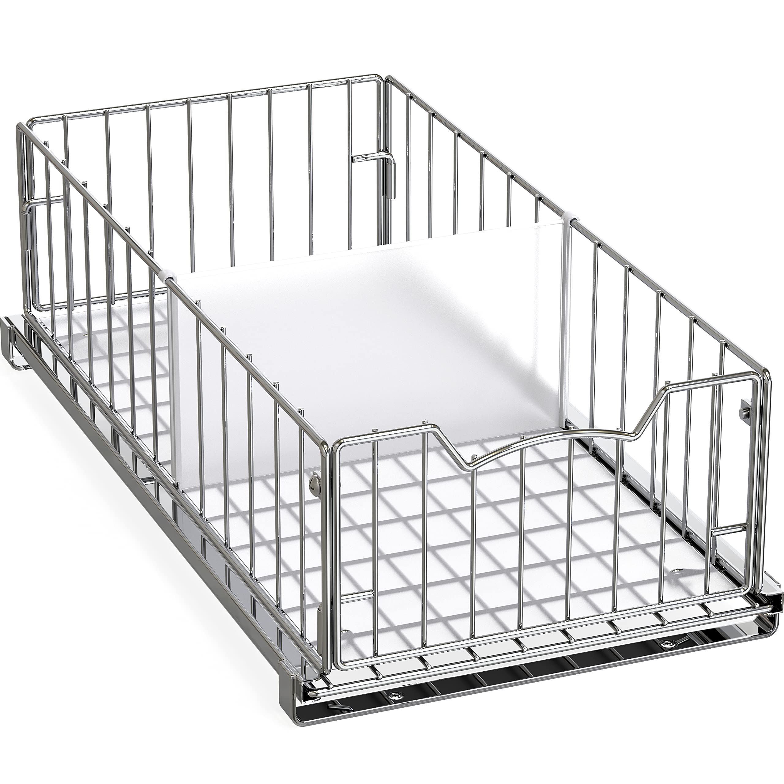 Simple Houseware pull-out cabinet sliding basket in chrome improves accessibility under cabinets.