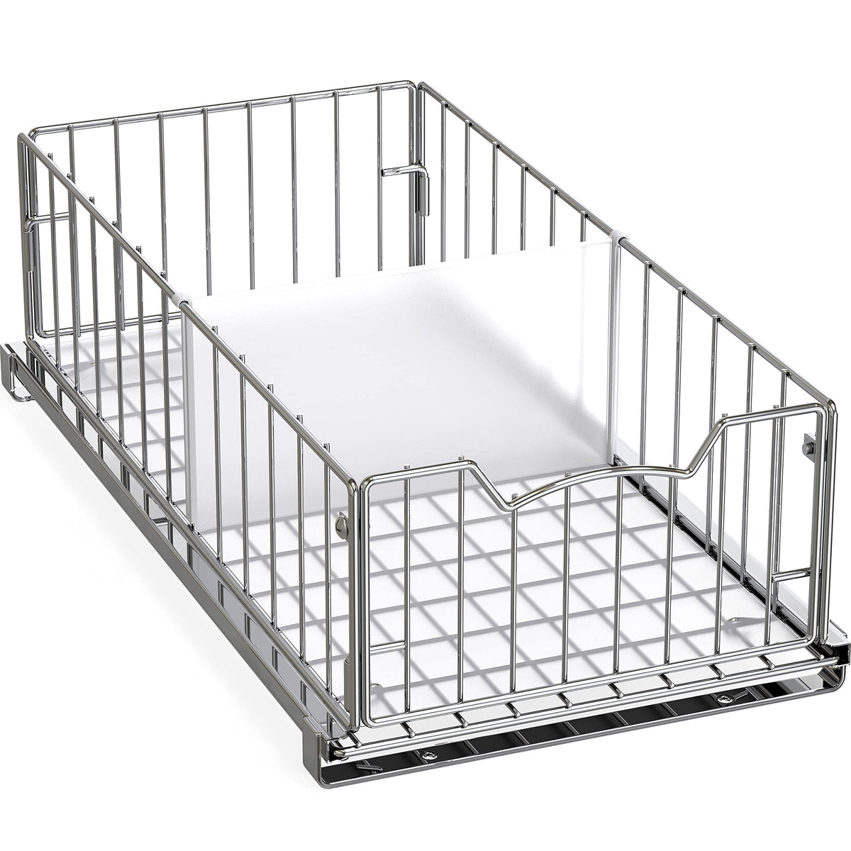 Simple Houseware pull-out cabinet sliding basket in chrome improves accessibility under cabinets.