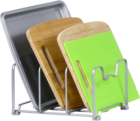 Simple Houseware silver steel rack features rubber feet to protect countertops.