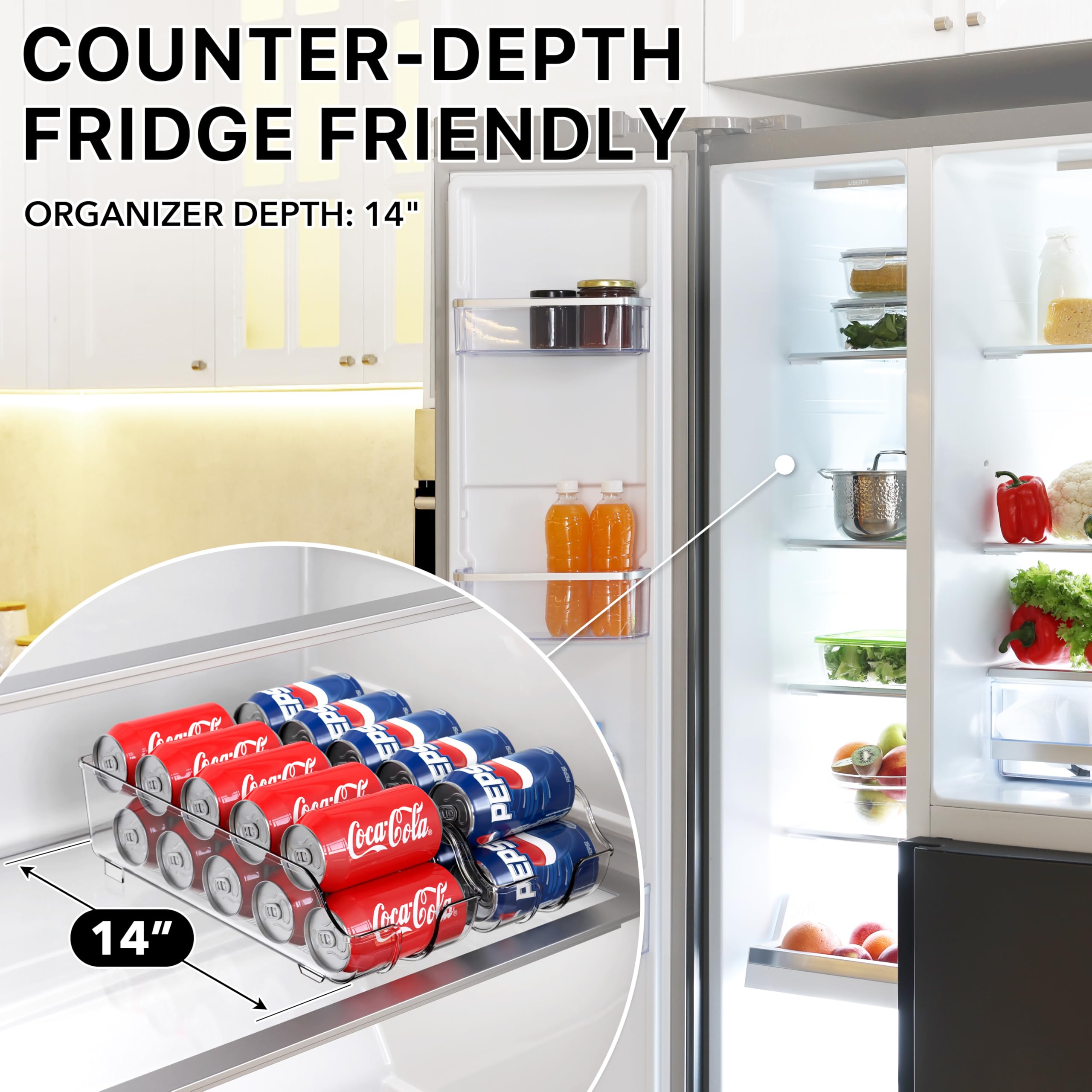 Simple Houseware Soda Can Organizer side view demonstrating accessible two-layer storage