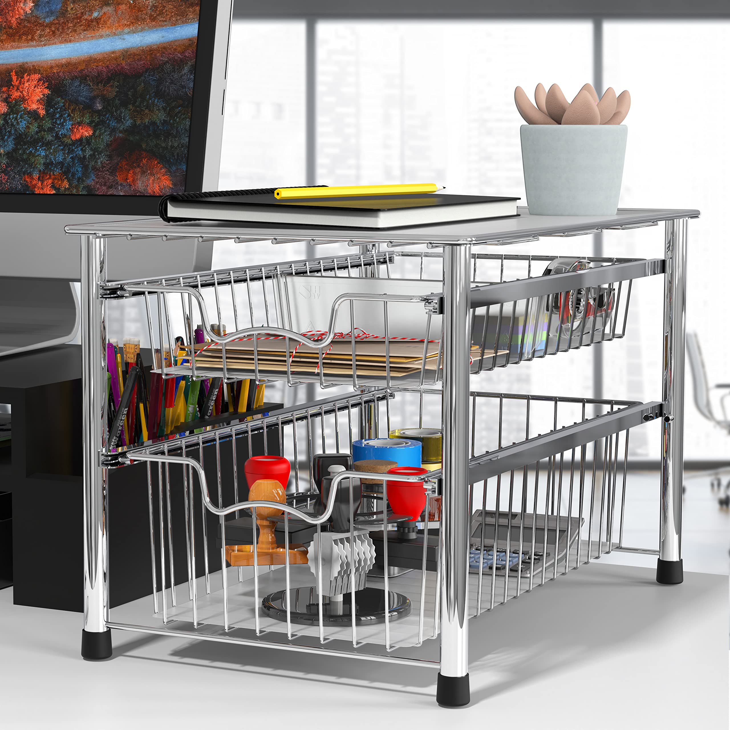 Simple Houseware chrome drawer-open view shows accessible baskets in compact layouts