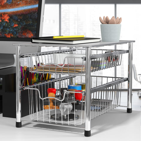 Simple Houseware chrome drawer-open view shows accessible baskets in compact layouts