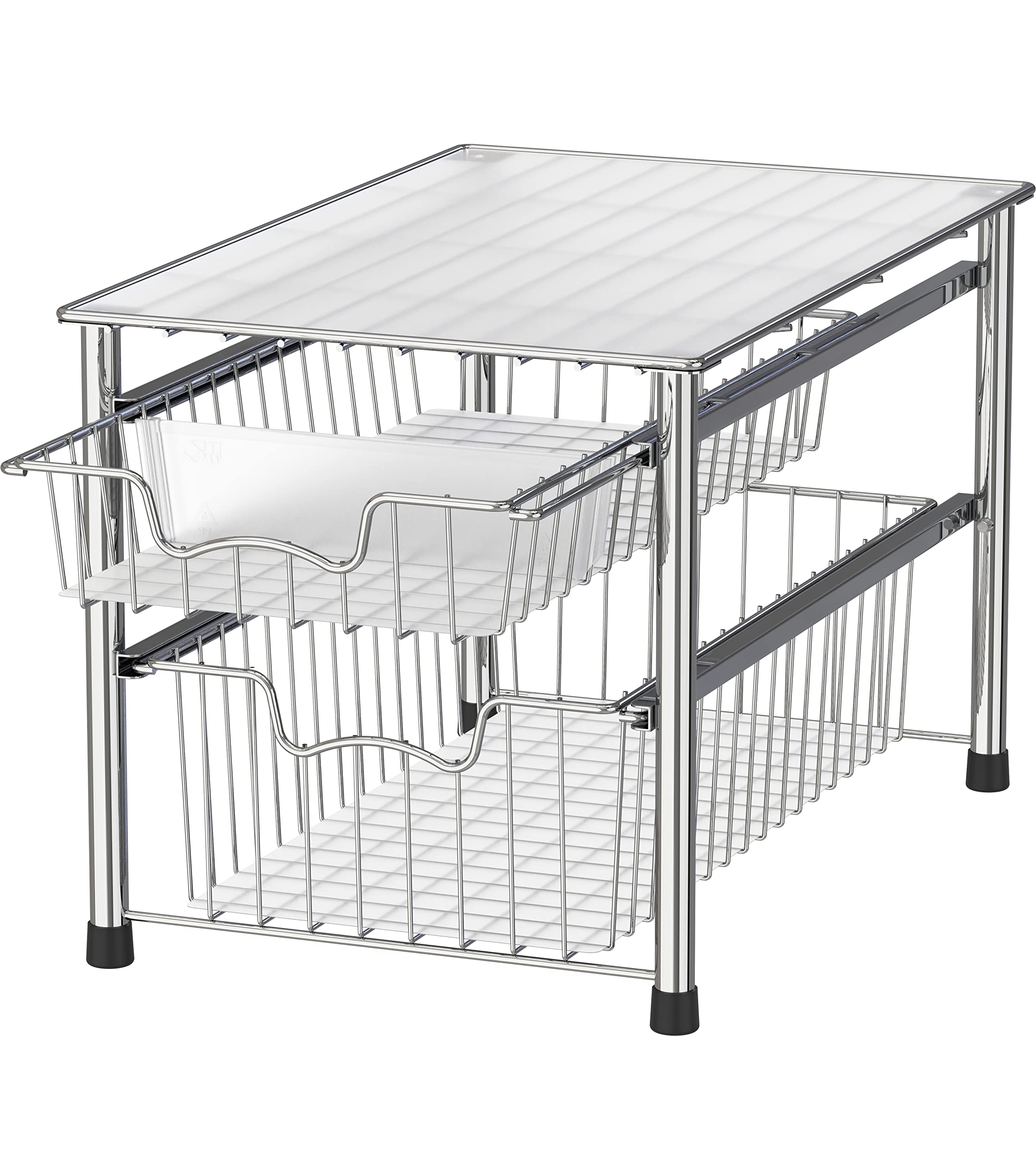 Simple Houseware Stackable 2-Tier Sliding Basket Chrome, front view for space-saving organization
