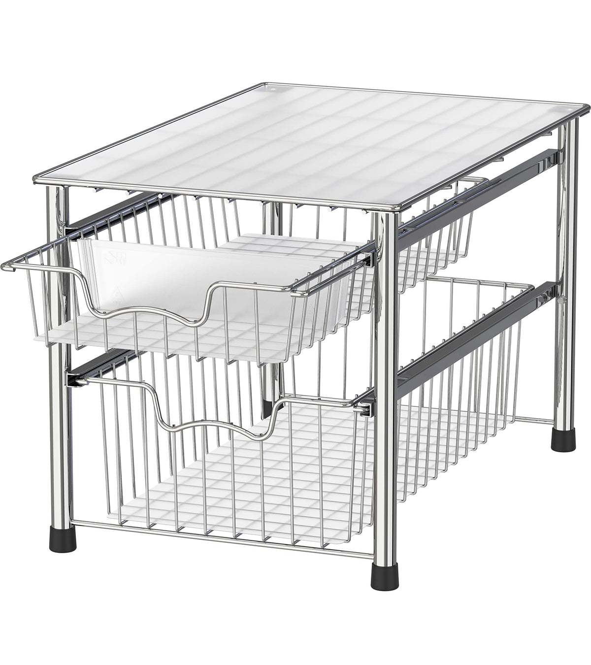 Simple Houseware Stackable 2-Tier Sliding Basket Chrome, front view for space-saving organization
