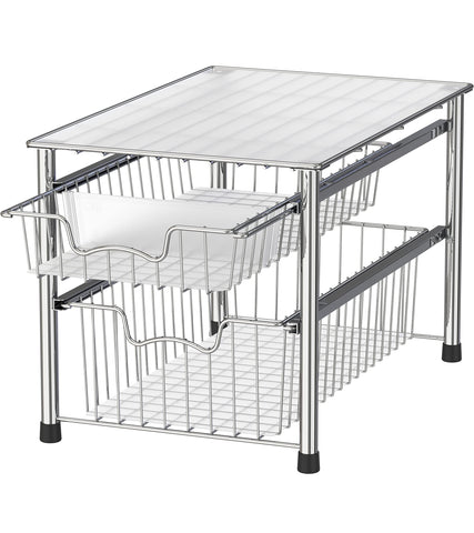 Simple Houseware Stackable 2-Tier Sliding Basket Chrome, front view for space-saving organization