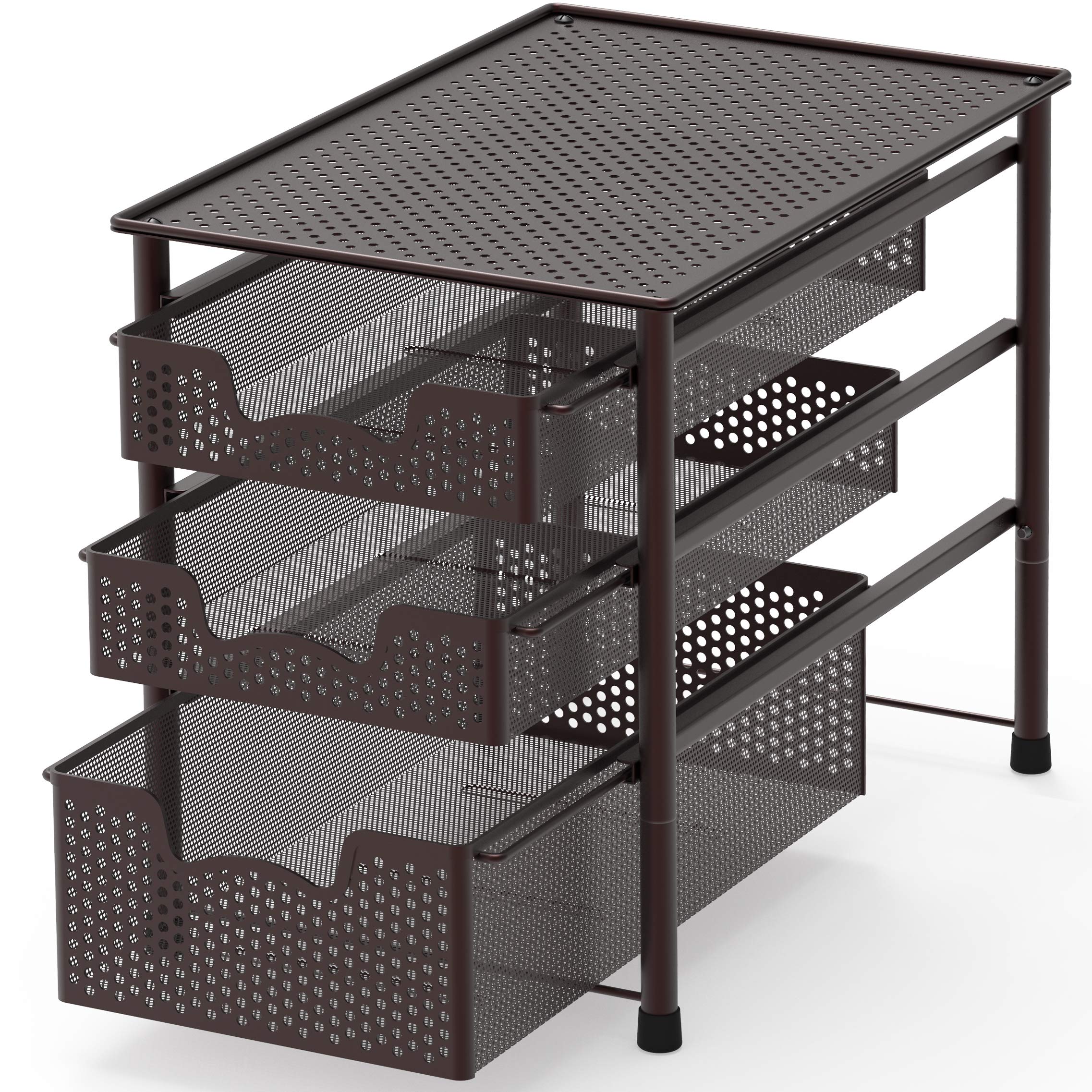 Simple Houseware 3-tier bronze sliding basket, front view, accessible storage for compact spaces.