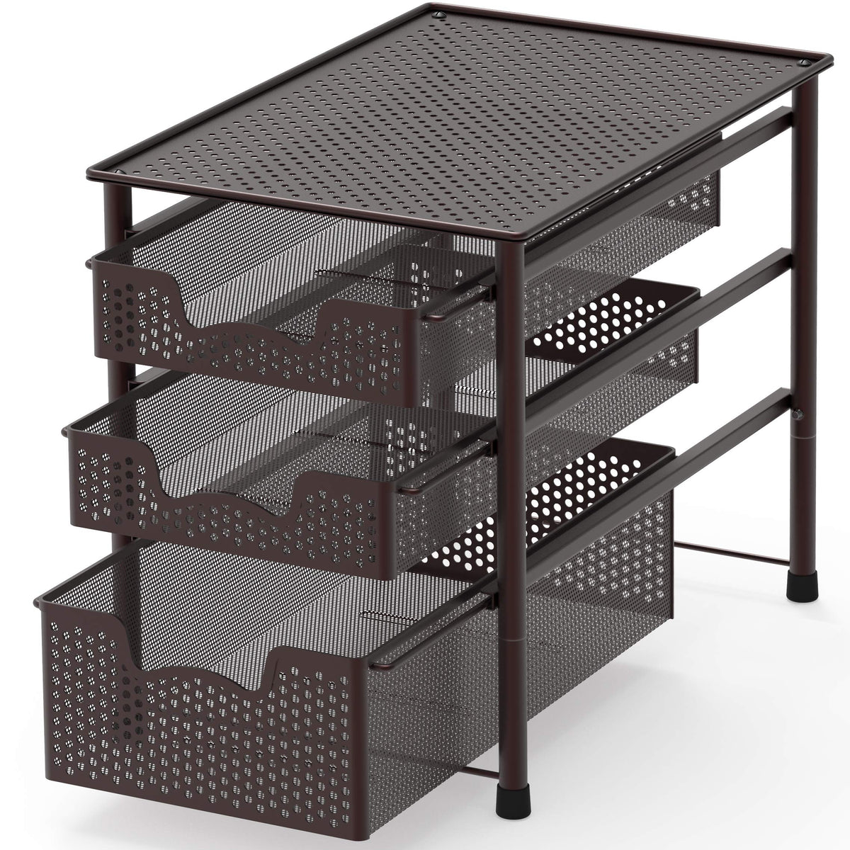 Simple Houseware 3-tier bronze sliding basket, front view, accessible storage for compact spaces.