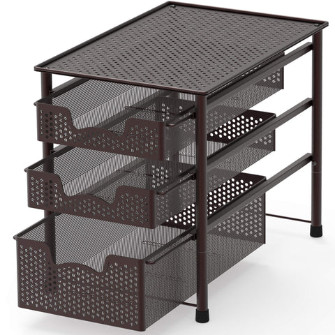 Simple Houseware 3-tier bronze sliding basket, front view, accessible storage for compact spaces.