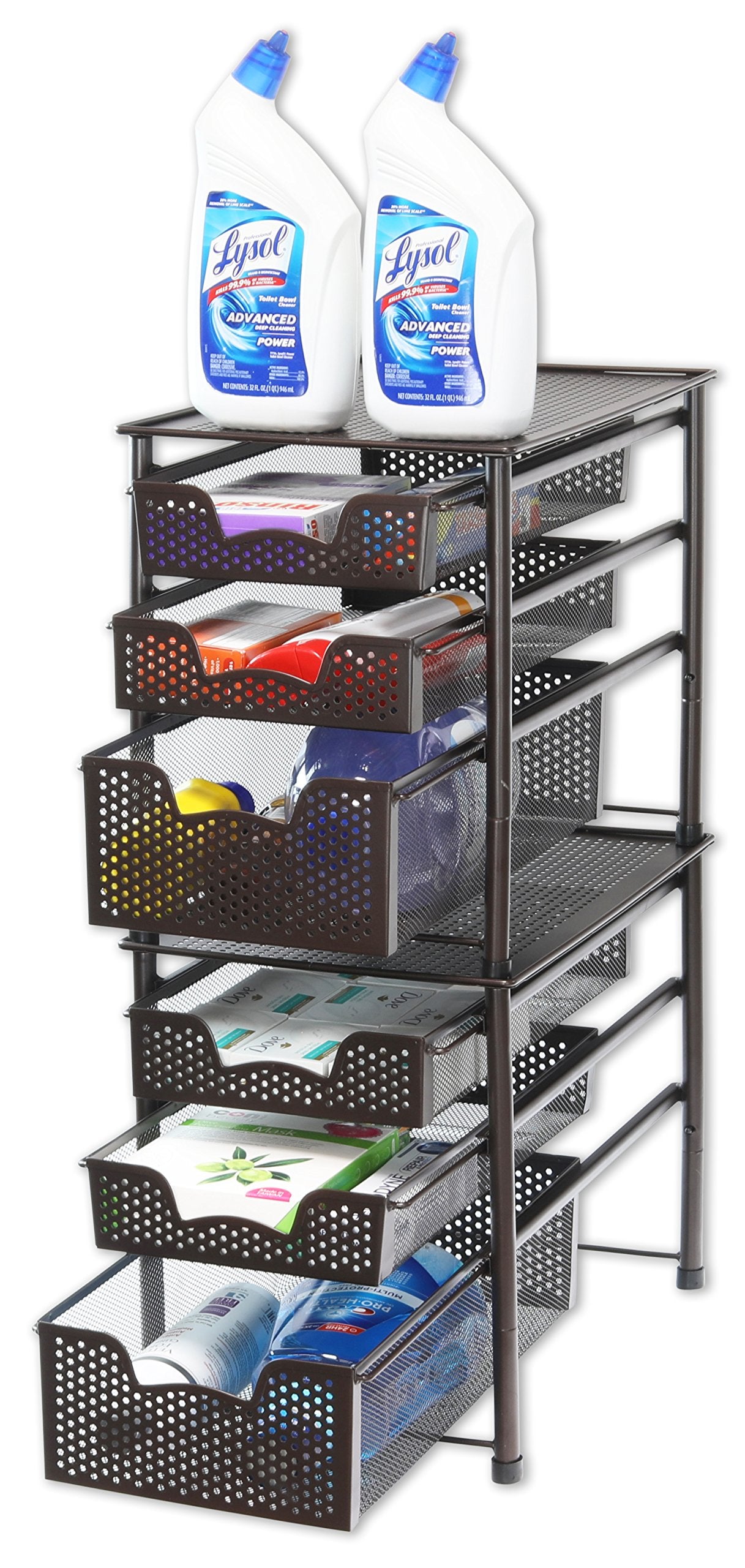 Bronze stackable organizer visual showing compact dimensions for cabinets.