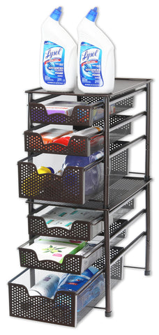 Bronze stackable organizer visual showing compact dimensions for cabinets.