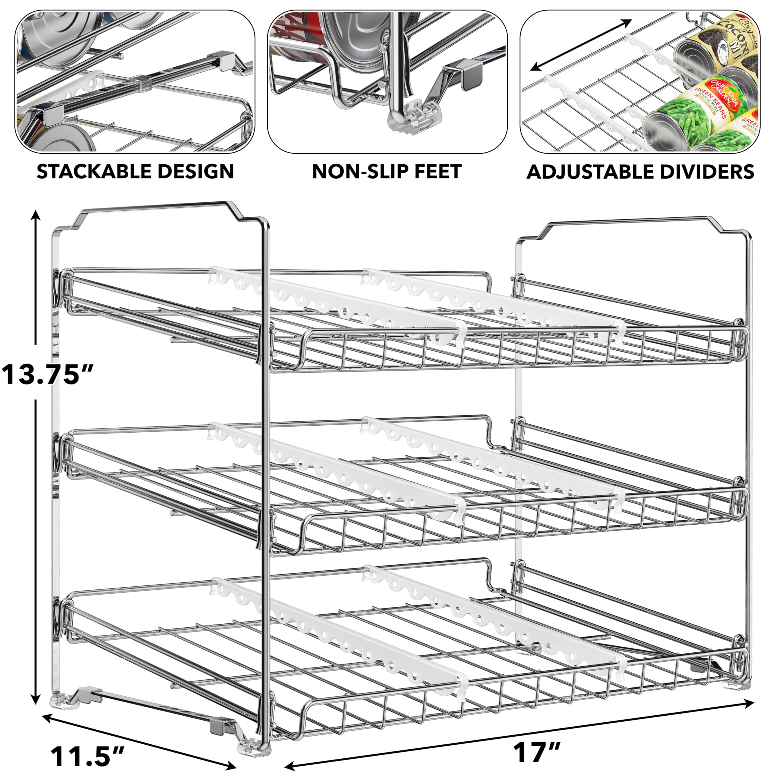 Simple Houseware adjustable dividers accommodate varying can and jar sizes.