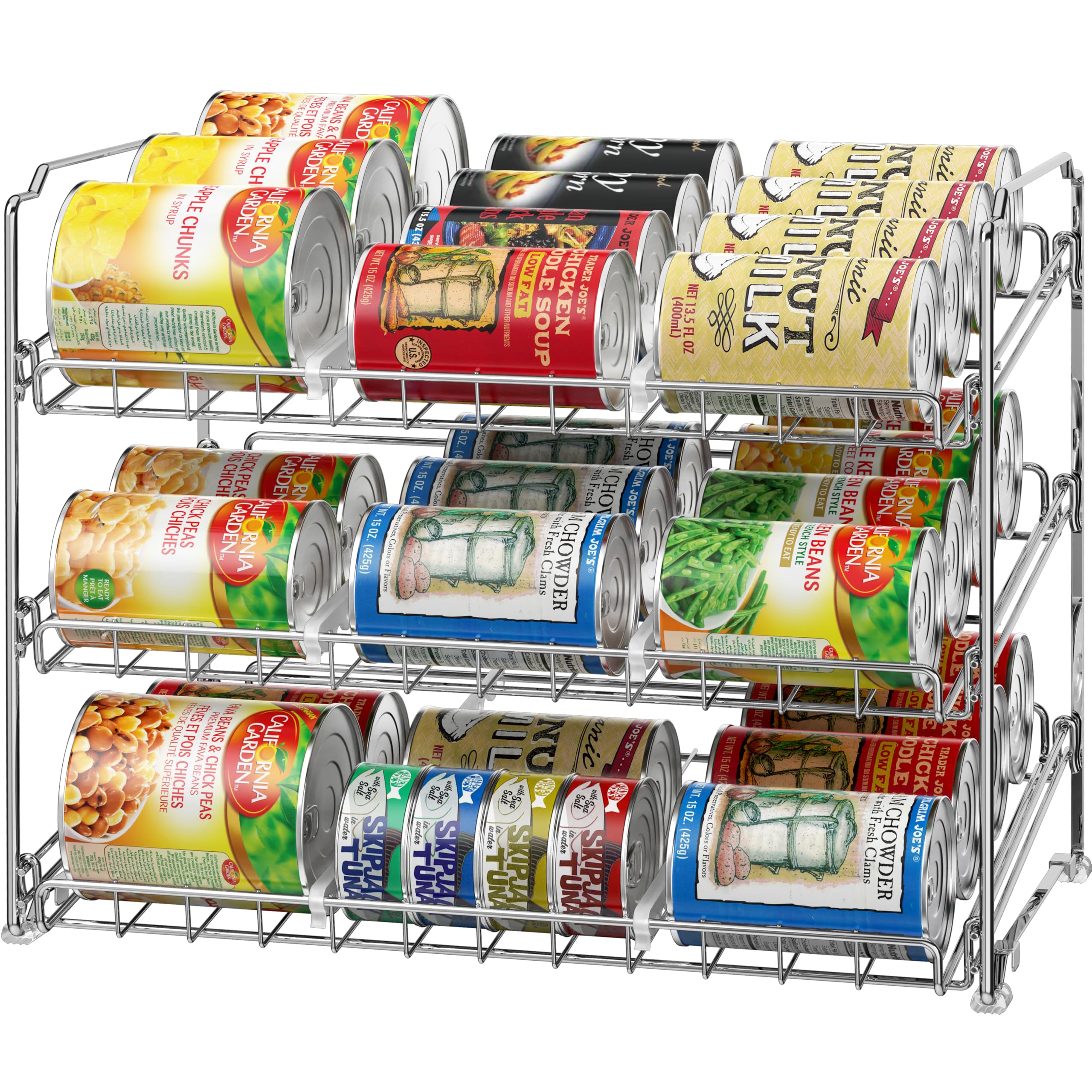 Simple Houseware stackable can organizer rack front view in chrome finish for pantry efficiency.