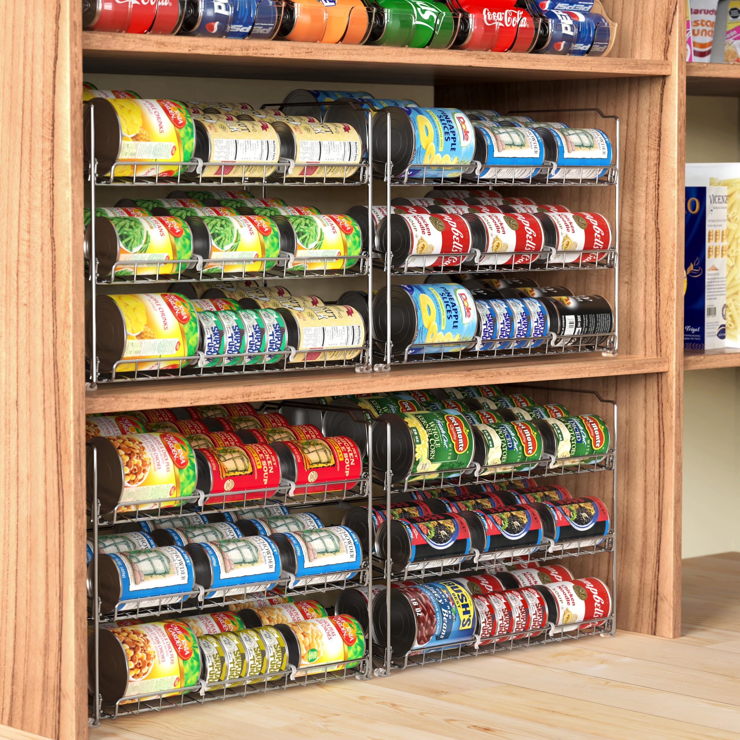 Simple Houseware chrome rack with three-tier shelves enabling FIFO can access.