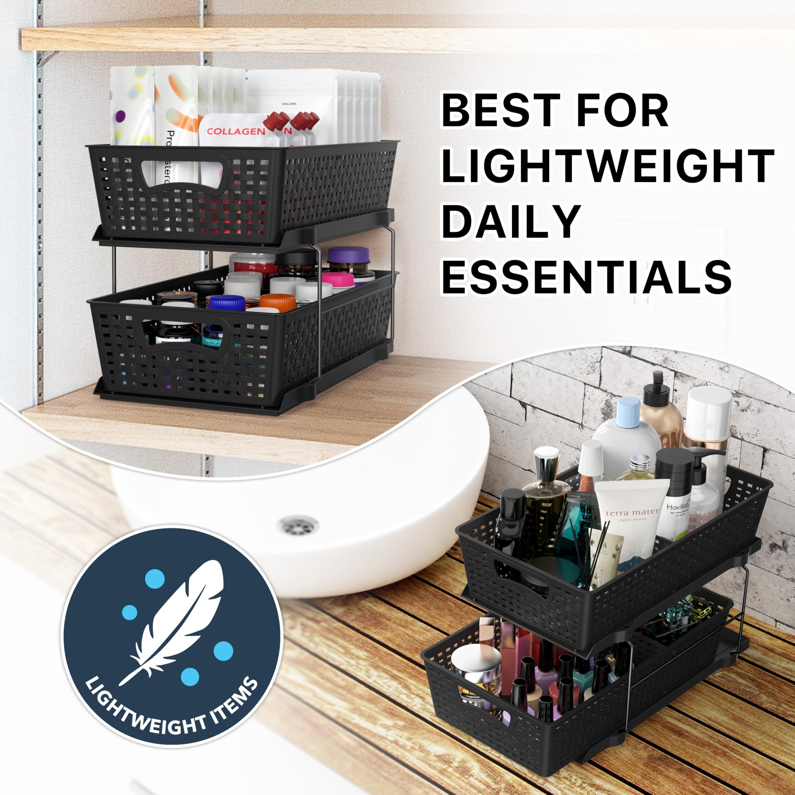 Simple Houseware two-tier organizer fits under sinks, cabinets, or vanity spaces.