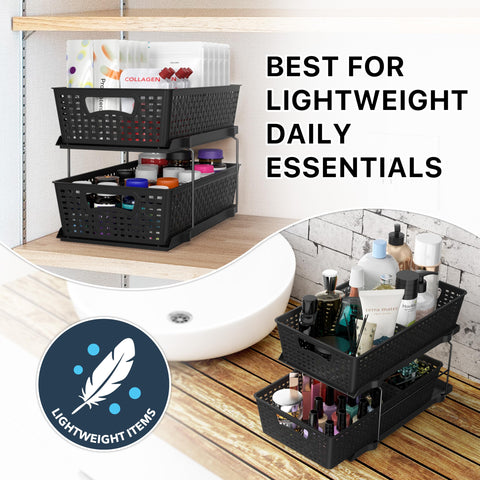 Simple Houseware two-tier organizer fits under sinks, cabinets, or vanity spaces.