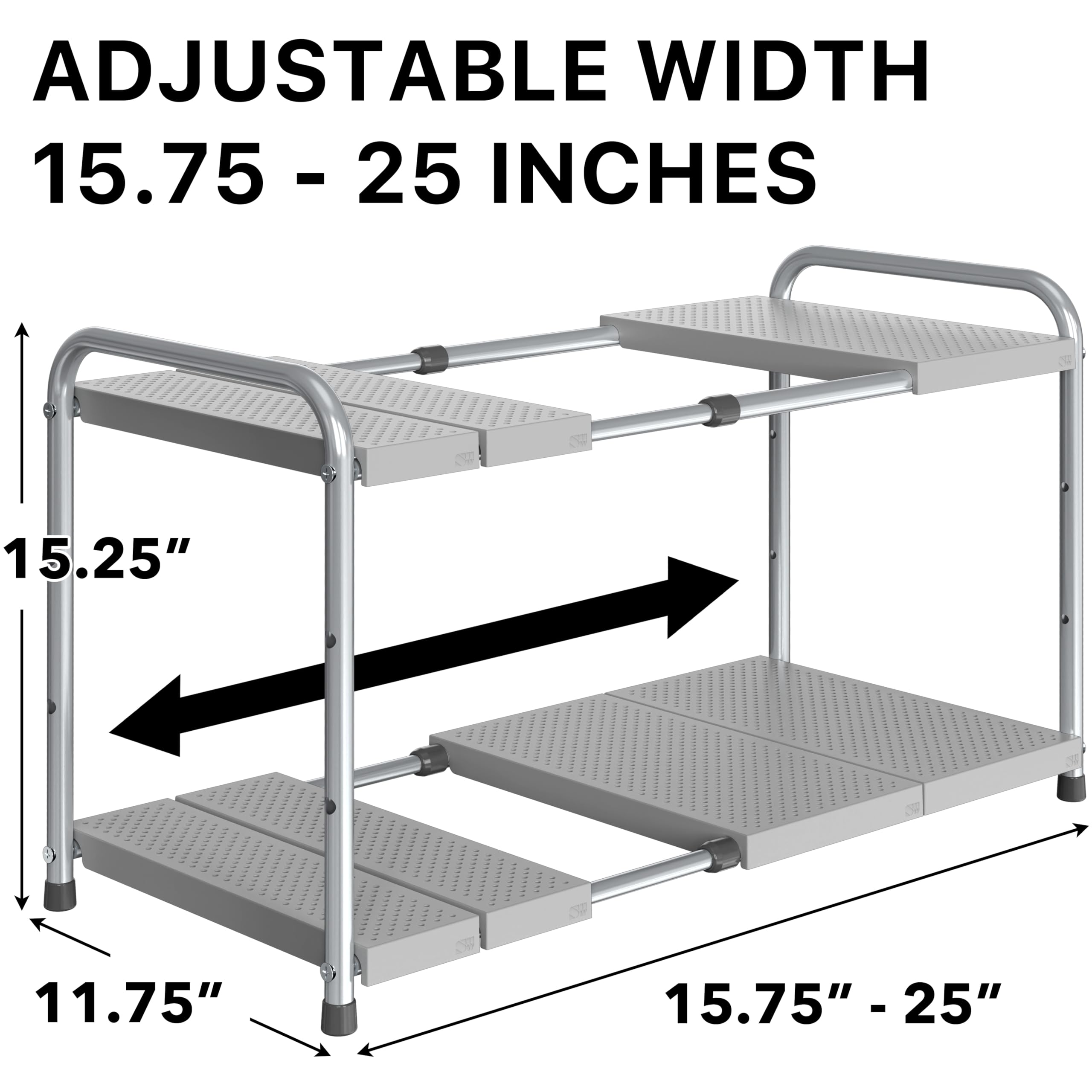 Simple Houseware under-sink rack shows four adjustable height levels for flexible storage.
