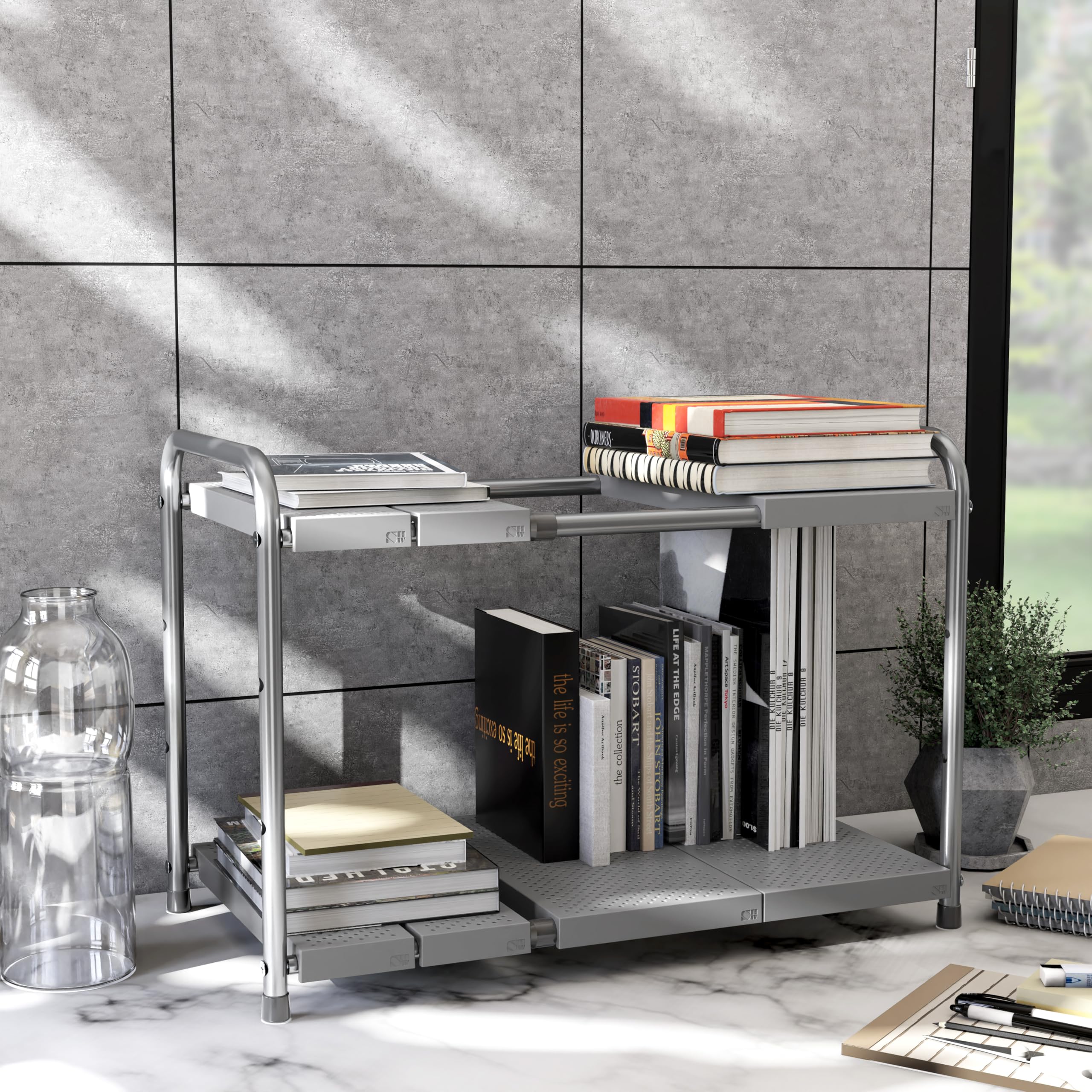 Simple Houseware rack dimensions reveal the expandable width and compact depth.